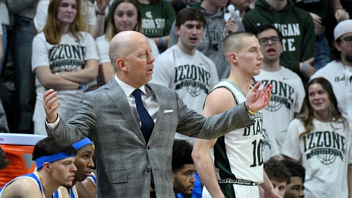 Feb 17, 2026; East Lansing, Michigan, USA; UCLA Bruins head coach Mick Cronin gestures after a turnover against Michigan State Spartans during the first half at Jack Breslin Student Events Center. Mandatory Credit: Dale Young-Imagn Images