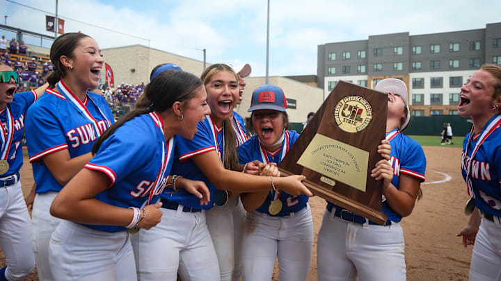 The Sundown softball team celebrates its win over Shiner in the Class 2A Division II state championship Thursday, May 29, 2025, at Red & Charline McCombs Field in Austin.