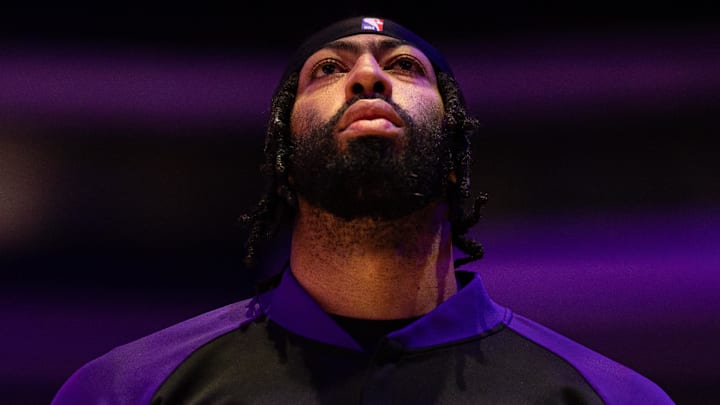 Jan 28, 2025; Philadelphia, Pennsylvania, USA; Los Angeles Lakers forward Anthony Davis stands for the anthem before action against the Philadelphia 76ers at Wells Fargo Center. Mandatory Credit: Bill Streicher-Imagn Images
