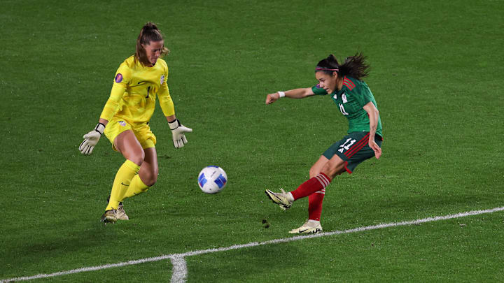Jacqueline Ovalle lets fly from the edge of the box to score Mexico's first goal against Team USA in a Concacaf W Gold Cup match. El Tri Femenil made history by defeating the world's No. 2 team 2-0.