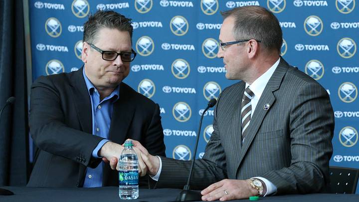 May 28, 2015; Buffalo, NY, USA; Buffalo Sabres general manager Tim Murray shakes hands with head coach Dan Bylsma after introducing him as the Sabres new head coach at the First Niagara Center. Mandatory Credit: Kevin Hoffman-USA TODAY Sports May 28, 2015; Buffalo, NY, USA; Buffalo Sabres general manager Tim Murray shakes hands with head coach Dan Bylsma after introducing him as the Sabres new head coach at the First Niagara Center. Mandatory Credit: Kevin Hoffman-USA TODAY Sports