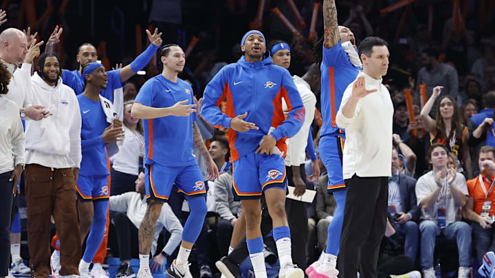 Jan 31, 2024; Oklahoma City, Oklahoma, USA; The Oklahoma City Thunder bench celebrates after a score