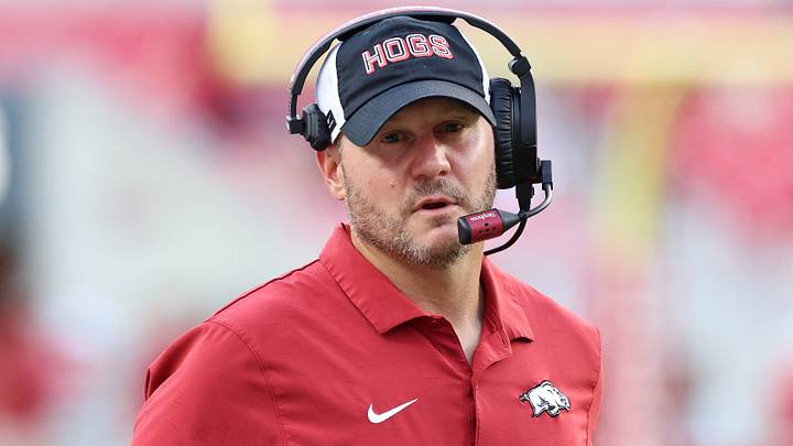 Sep 5, 2026; Fayetteville, Arkansas, USA;  Arkansas Razorbacks head coach Ryan Silverfield looks on during the fourth quarter against the North Alabama Lions at Donald W. Reynolds Razorback Stadium. Arkansas won 31-14.  Mandatory Credit: Nelson Chenault-Imagn Images