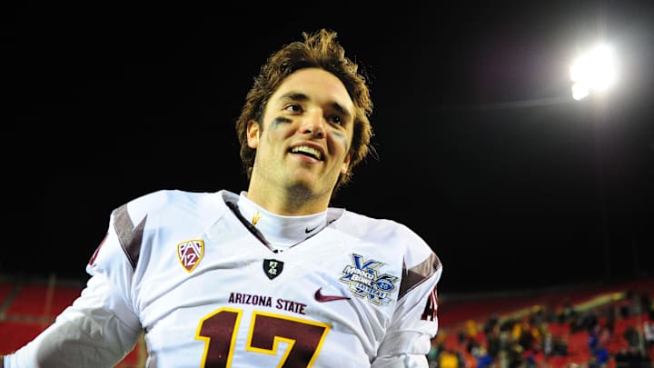 Dec. 22, 2011; Las Vegas, NV, USA; Arizona State Sun Devils quarterback (17) Brock Osweiler following the game against the Boise State Broncos during the 2011 Las Vegas Bowl at Sam Boyd Stadium. Boise State defeated Arizona State 56-24. Mandatory Credit: Mark J. Rebilas-Imagn Images