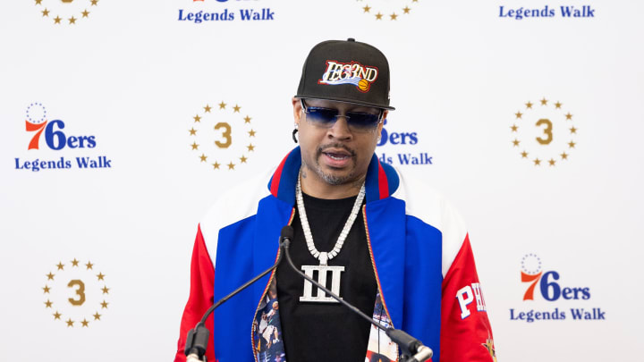 Apr 12, 2024; Camden, NJ, USA; Philadelphia 76ers great Allen Iverson speaks at the podium during the unveiling of a statue honoring him in a ceremony at Penn Medicine Philadelphia 76ers Training Complex. Mandatory Credit: Bill Streicher-USA TODAY Sports Apr 12, 2024; Camden, NJ, USA; Philadelphia 76ers great Allen Iverson speaks at the podium during the unveiling of a statue honoring him in a ceremony at Penn Medicine Philadelphia 76ers Training Complex. Mandatory Credit: Bill Streicher-USA TODAY Sports