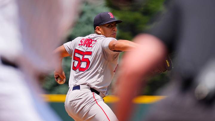Jun 24, 2026; Denver, Colorado, USA; Boston Red Sox starting pitcher Ranger Suarez (55) delivers a pitch in the first inning against the Colorado Rockies at Coors Field. Mandatory Credit: Ron Chenoy-Imagn Images