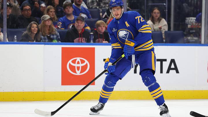 Buffalo Sabres center Tage Thompson (72) looks to make a pass during the second period against the Pittsburgh Penguins at KeyBank Center. Mandatory Credit: Timothy T. Ludwig-Imagn Images
