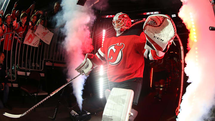 Oct 14, 2019; Newark, NJ, USA; New Jersey Devils goaltender Cory Schneider (35) walks to the ice before the start of the first period of their game against the Florida Panthers at Prudential Center. Mandatory Credit: Ed Mulholland-Imagn Images