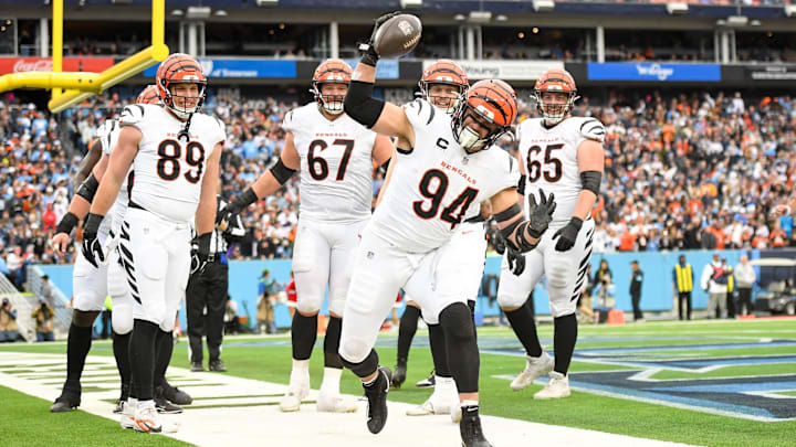 Dec 15, 2024; Nashville, Tennessee, USA;  Cincinnati Bengals defensive end Sam Hubbard (94) celebrates his touchdown with his teammates against the Tennessee Titans during the first half at Nissan Stadium. Mandatory Credit: Steve Roberts-Imagn Images