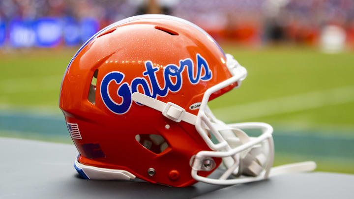 Sep 18, 2021; Gainesville, Florida, USA; Detailed view of a Florida Gators helmet against the Alabama Crimson Tide at Ben Hill Griffin Stadium. Mandatory Credit: Mark J. Rebilas-Imagn Images
