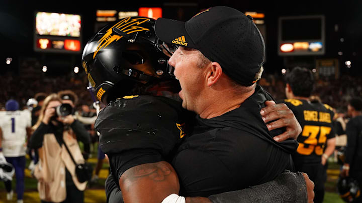 Sep 26, 2025; Tempe, Arizona, USA; Arizona State Sun Devils head coach Kenny Dillingham celebrates win with defensive back Myles Rowser (4) against TCU Horned Frogs at Mountain America Stadium, Home of the ASU Sun Devils. Mandatory Credit: Jacob Reiner-Imagn Images Sep 26, 2025; Tempe, Arizona, USA; Arizona State Sun Devils head coach Kenny Dillingham celebrates win with defensive back Myles Rowser (4) against TCU Horned Frogs at Mountain America Stadium, Home of the ASU Sun Devils. Mandatory Credit: Jacob Reiner-Imagn Images