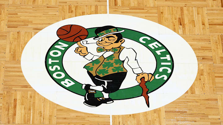 Apr 3, 2022; Boston, Massachusetts, USA; The Boston Celtics logo is seen on the parquet floor at center court before the game between the Boston Celtics and the Washington Wizards at TD Garden. Mandatory Credit: Winslow Townson-Imagn Images