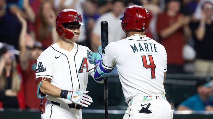 Jun 1, 2026; Phoenix, Arizona, USA; Arizona Diamondbacks second baseman Ketel Marte (4) celebrates with teammate Corbin Carroll after hitting a two run home run in the eighth inning against the Los Angeles Dodgers at Chase Field. Mandatory Credit: Mark J. Rebilas-Imagn Images Jun 1, 2026; Phoenix, Arizona, USA; Arizona Diamondbacks second baseman Ketel Marte (4) celebrates with teammate Corbin Carroll after hitting a two run home run in the eighth inning against the Los Angeles Dodgers at Chase Field. Mandatory Credit: Mark J. Rebilas-Imagn Images