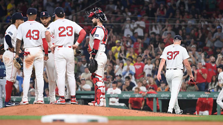 Jul 29, 2024; Boston, Massachusetts, USA; Boston Red Sox starting pitcher Nick Pivetta (37) is relived of his pitching duties during the seventh inning against the Seattle Mariners at Fenway Park. Mandatory Credit: Eric Canha-Imagn Images