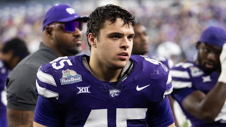 Dec 26, 2024; Phoenix, AZ, USA; Kansas State Wildcats linebacker Austin Romaine (45) against the Rutgers Scarlet Knights during the Rate Bowl at Chase Field. Mandatory Credit: Mark J. Rebilas-Imagn Images