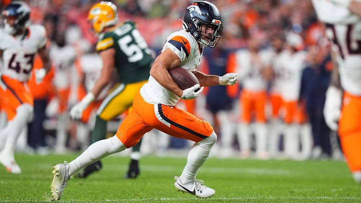 Aug 18, 2024; Denver, Colorado, USA; Denver Broncos wide receiver Michael Bandy (83) carries the ball in the fourth quarter against the Green Bay Packers at Empower Field at Mile High. Mandatory Credit: Ron Chenoy-Imagn Images Aug 18, 2024; Denver, Colorado, USA; Denver Broncos wide receiver Michael Bandy (83) carries the ball in the fourth quarter against the Green Bay Packers at Empower Field at Mile High. Mandatory Credit: Ron Chenoy-Imagn Images