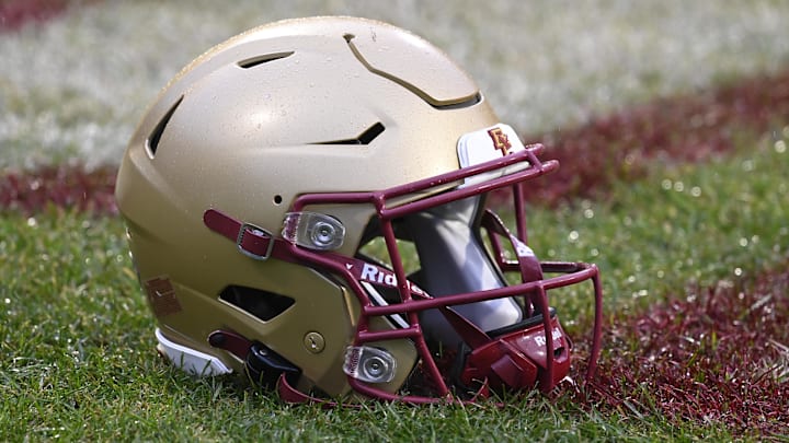 Dec 28, 2023; Boston, MA, USA; Boston College Eagles helmet pictured at the Wasabi Fenway Bowl between the Boston College Eagles and the Southern Methodist Mustangs at Fenway Park. Mandatory Credit: Eric Canha-Imagn Images