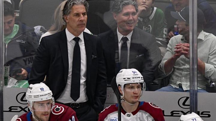 May 3, 2025; Dallas, Texas, USA; Colorado Avalanche head coach Jared Bednar and a fan dressed as Bednar look on during the second period against the Dallas Stars in game seven of the first round of the 2025 Stanley Cup Playoffs at American Airlines Center. Mandatory Credit: Jerome Miron-Imagn Images May 3, 2025; Dallas, Texas, USA; Colorado Avalanche head coach Jared Bednar and a fan dressed as Bednar look on during the second period against the Dallas Stars in game seven of the first round of the 2025 Stanley Cup Playoffs at American Airlines Center. Mandatory Credit: Jerome Miron-Imagn Images