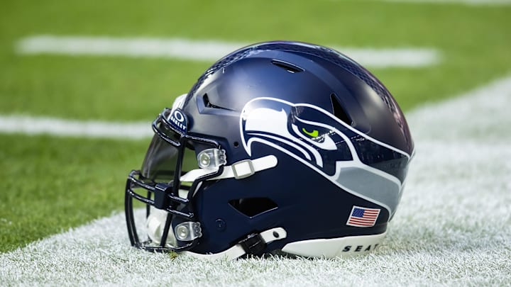 Dec 8, 2024; Glendale, Arizona, USA; Detailed view of a Seattle Seahawks helmet at State Farm Stadium. Mandatory Credit: Mark J. Rebilas-Imagn Images