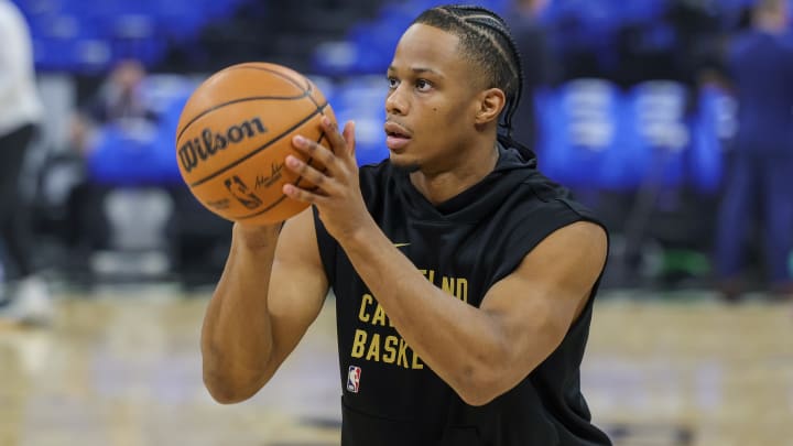 Apr 25, 2024; Orlando, Florida, USA; Cleveland Cavaliers forward Isaac Okoro (35) warms up before game three of the first round for the 2024 NBA playoffs at Kia Center. Mandatory Credit: Mike Watters-USA TODAY Sports