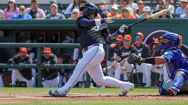 Detroit Tigers second baseman Gleyber Torres bats during the first inning against the Toronto Blue Jays at Publix Field. Detroit Tigers second baseman Gleyber Torres bats during the first inning against the Toronto Blue Jays at Publix Field.