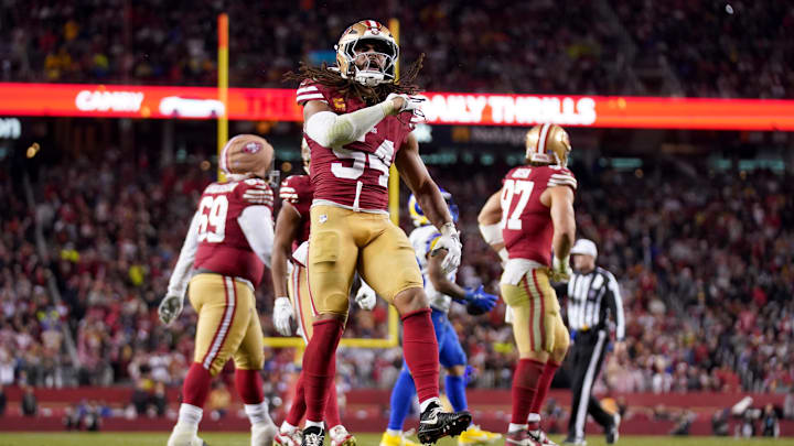Dec 12, 2024; Santa Clara, California, USA; San Francisco 49ers linebacker Fred Warner (54) reacts after making a tackle against the Los Angeles Rams in the fourth quarter at Levi's Stadium. Mandatory Credit: Cary Edmondson-Imagn Images Dec 12, 2024; Santa Clara, California, USA; San Francisco 49ers linebacker Fred Warner (54) reacts after making a tackle against the Los Angeles Rams in the fourth quarter at Levi's Stadium. Mandatory Credit: Cary Edmondson-Imagn Images