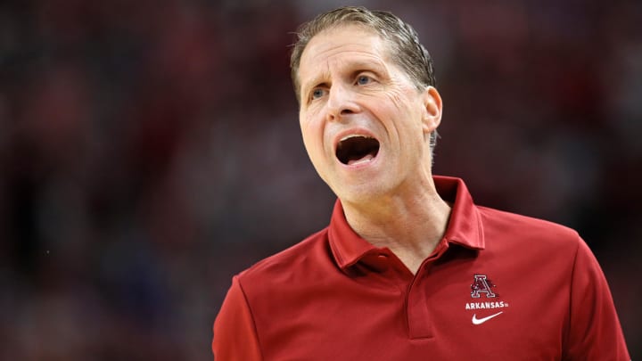 Arkansas Razorbacks head coach Eric Musselman calls out instructions to his basketball team in Bud Walton Arena.