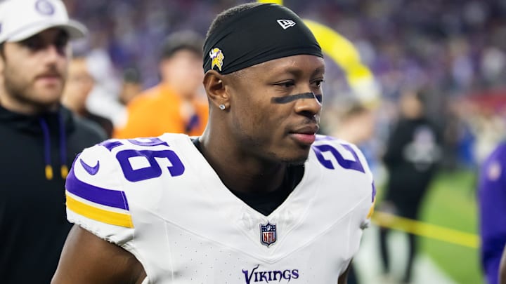 Jan 13, 2025; Glendale, AZ, USA; Minnesota Vikings safety Theo Jackson (26) against the Los Angeles Rams during an NFC wild card game at State Farm Stadium. Jan 13, 2025; Glendale, AZ, USA; Minnesota Vikings safety Theo Jackson (26) against the Los Angeles Rams during an NFC wild card game at State Farm Stadium.