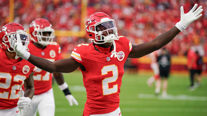 Sep 5, 2024; Kansas City, Missouri, USA; Kansas City Chiefs cornerback Joshua Williams (2) runs on field against the Baltimore Ravens prior to a game at GEHA Field at Arrowhead Stadium. Mandatory Credit: Denny Medley-Imagn Images Sep 5, 2024; Kansas City, Missouri, USA; Kansas City Chiefs cornerback Joshua Williams (2) runs on field against the Baltimore Ravens prior to a game at GEHA Field at Arrowhead Stadium. Mandatory Credit: Denny Medley-Imagn Images