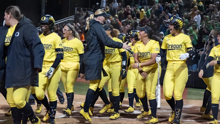 Oregon celebrates a grand slam by outfielder Ayanna Shaw as the Oregon Ducks host the Idaho State Bengals in an NCAA regional on May 15, 2026, at Jane Sanders Stadium in Eugene, Oregon.