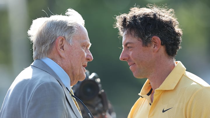 Rory McIlroy, pictured visiting with Jack Nicklaus after the final round of the 2023 Memorial, is not playing this week.