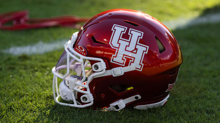 Detailed view of a Houston Cougars helmet at Mountain America Stadium.