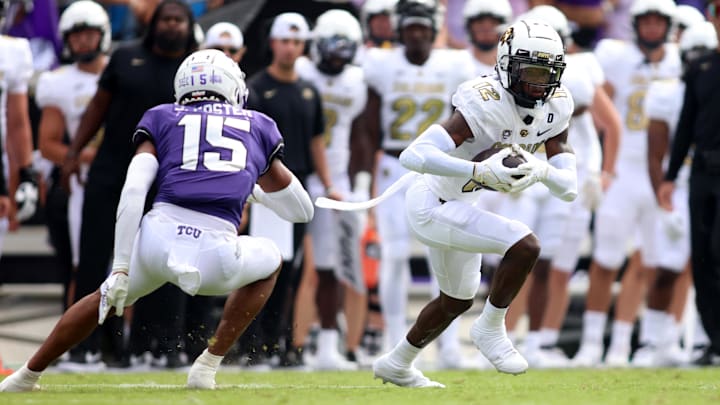 Sep 2, 2023; Fort Worth, Texas, USA; Colorado Buffaloes wide receiver Travis Hunter (12) runs the