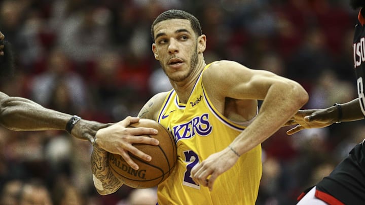Jan 19, 2019; Houston, TX, USA; Los Angeles Lakers guard Lonzo Ball (2) drives with the ball during the third quarter against the Houston Rockets at Toyota Center. Mandatory Credit: Troy Taormina-Imagn Images