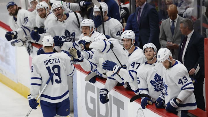 Apr 24, 2022; Washington, District of Columbia, USA; Toronto Maple Leafs center Jason Spezza (19) celebrates with teammates after scoring the game-tying goal against the Washington Capitals in the final minute of the third period at Capital One Arena. Mandatory Credit: Geoff Burke-Imagn Images