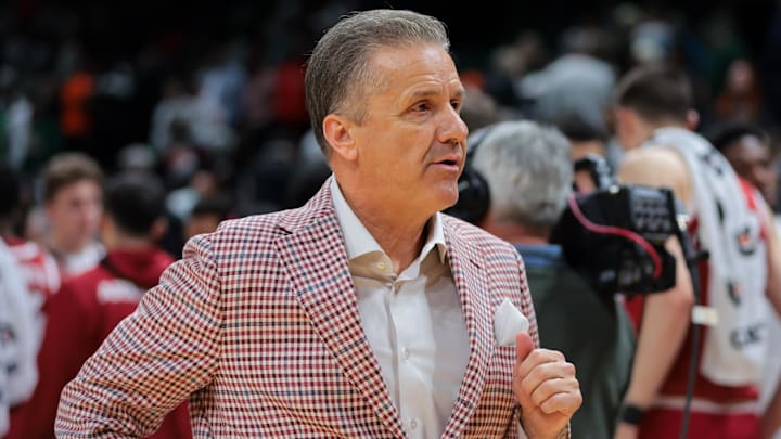 Dec 3, 2024; Coral Gables, Florida, USA; Arkansas Razorbacks head coach John Calipari looks on after the game against the Miami Hurricanes at Watsco Center. Mandatory Credit: Sam Navarro-Imagn Images