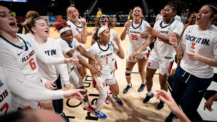 Illinois guard Aaliyah Guyton (1) celebrates defeating Colorado with her team in the first round of the NCAA college basketball tournament at Memorial Gym in Nashville, Tenn., Saturday, March 21, 2026. Illinois guard Aaliyah Guyton (1) celebrates defeating Colorado with her team in the first round of the NCAA college basketball tournament at Memorial Gym in Nashville, Tenn., Saturday, March 21, 2026.