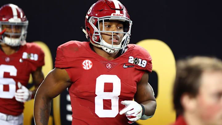 Jan 7, 2019; Santa Clara, CA, USA; Alabama Crimson Tide running back Josh Jacobs (8) against the Clemson Tigers during the 2019 College Football Playoff Championship game at Levi's Stadium. Mandatory Credit: Mark J. Rebilas-Imagn Images Jan 7, 2019; Santa Clara, CA, USA; Alabama Crimson Tide running back Josh Jacobs (8) against the Clemson Tigers during the 2019 College Football Playoff Championship game at Levi's Stadium. Mandatory Credit: Mark J. Rebilas-Imagn Images