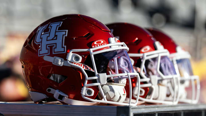 Detailed view of a Houston Cougars helmet at Mountain America Stadium. Detailed view of a Houston Cougars helmet at Mountain America Stadium.