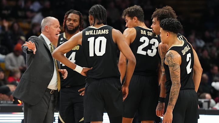 Jan 13, 2024; Boulder, Colorado, USA; Colorado Buffaloes head coach Tad Boyle talks to center Eddie