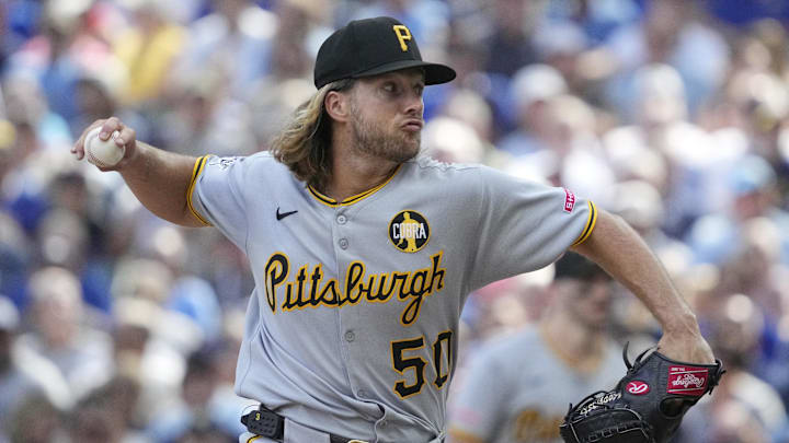 Aug 13, 2025; Milwaukee, Wisconsin, USA; Pittsburgh Pirates pitcher Carmen Mlodzinski (50) delivers a pitch against the Milwaukee Brewers in the sixth inning at American Family Field. Mandatory Credit: Michael McLoone-Imagn Images