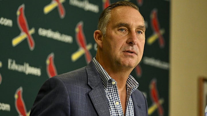 Aug 1, 2023; St. Louis, Missouri, USA;  St. Louis Cardinals president of baseball operations John Mozeliak talks with the media after the Cardinals traded shortstop Paul DeJong (11) and starting pitcher Jack Flaherty (22) before a game against the Minnesota Twins at Busch Stadium. Mandatory Credit: Jeff Curry-Imagn Images