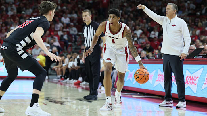 Oct 24, 2025; Fayetteville, AR, USA; Arkansas Razorbacks guard Meleek Thomas (1) during the second half against the Cincinnati Bearcats at Bud Walton Arena. Arkansas won 89-61.