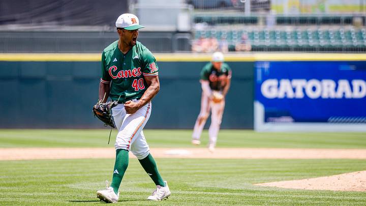 May 23, 2024; Charlotte, NC, USA; Miami (Fl) Hurricanes pitcher Myles Caba (40) celebrates after a strikeout in the eighth inning against the Clemson Tigers during the ACC Baseball Tournament at Truist Field. Mandatory Credit: Scott Kinser-Imagn Images