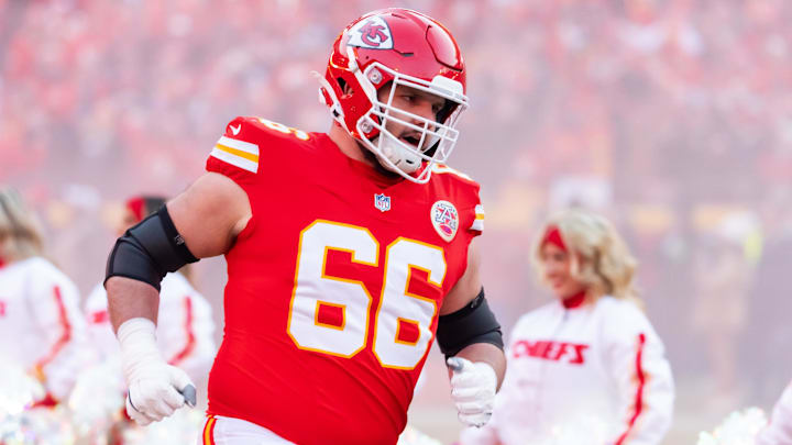 Jan 26, 2025; Kansas City, MO, USA; Kansas City Chiefs guard Mike Caliendo (66) against the Buffalo Bills in the AFC Championship game at GEHA Field at Arrowhead Stadium. Mandatory Credit: Mark J. Rebilas-Imagn Images Jan 26, 2025; Kansas City, MO, USA; Kansas City Chiefs guard Mike Caliendo (66) against the Buffalo Bills in the AFC Championship game at GEHA Field at Arrowhead Stadium. Mandatory Credit: Mark J. Rebilas-Imagn Images