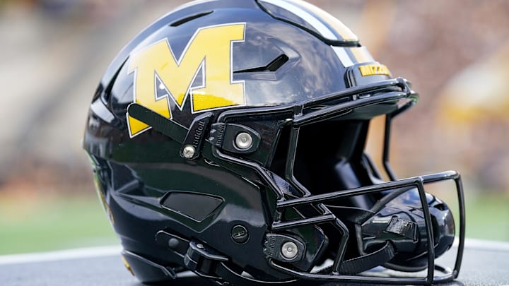 Sep 20, 2025; Columbia, Missouri, USA; A general view of a Missouri Tigers helmet against the South Carolina Gamecocks prior to a game at Faurot Field at Memorial Stadium. Mandatory Credit: Denny Medley-Imagn Images
