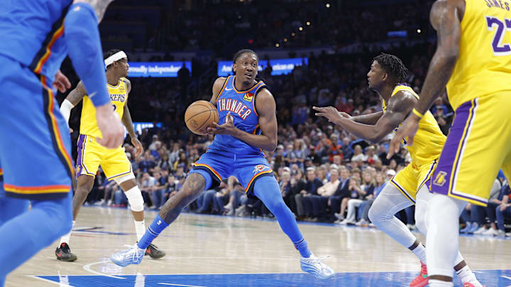 Apr 8, 2025; Oklahoma City, Oklahoma, USA; Oklahoma City Thunder forward Jalen Williams (8) drives to the basket against the Los Angeles Lakers during the second half at Paycom Center. Mandatory Credit: Alonzo Adams-Imagn Images