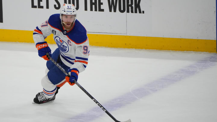 Jun 18, 2024; Sunrise, Florida, USA; Edmonton Oilers forward Connor McDavid (97) skates with the puck during the first period against the Florida Panthers in game five of the 2024 Stanley Cup Final at Amerant Bank Arena. Mandatory Credit: Jim Rassol-USA TODAY Sports