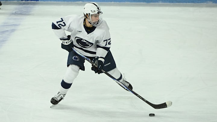 Oct 10, 2025; University Park, PA, USA; Penn State Nittany Lions forward Gavin McKenna (72) controls the puck in the first period of a game against the Clarkson Golden Knights at Pegula Ice Arena. Mandatory Credit: Barry Reeger-Imagn Images Oct 10, 2025; University Park, PA, USA; Penn State Nittany Lions forward Gavin McKenna (72) controls the puck in the first period of a game against the Clarkson Golden Knights at Pegula Ice Arena. Mandatory Credit: Barry Reeger-Imagn Images