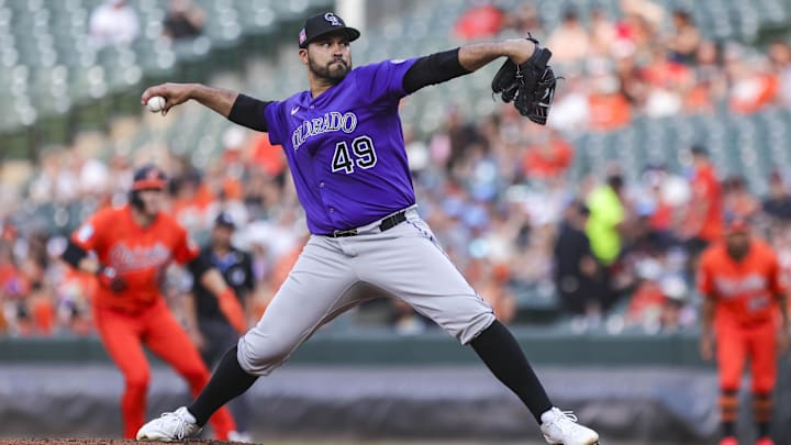 Jul 26, 2025; Baltimore, Maryland, USA;  Colorado Rockies’ pitcher Antonio Senzatela (49) pitching to Baltimore Orioles’ shotstop Gunnar Henderson (2) against the Baltimore Orioles in the first inning at Oriole Park at Camden Yards.